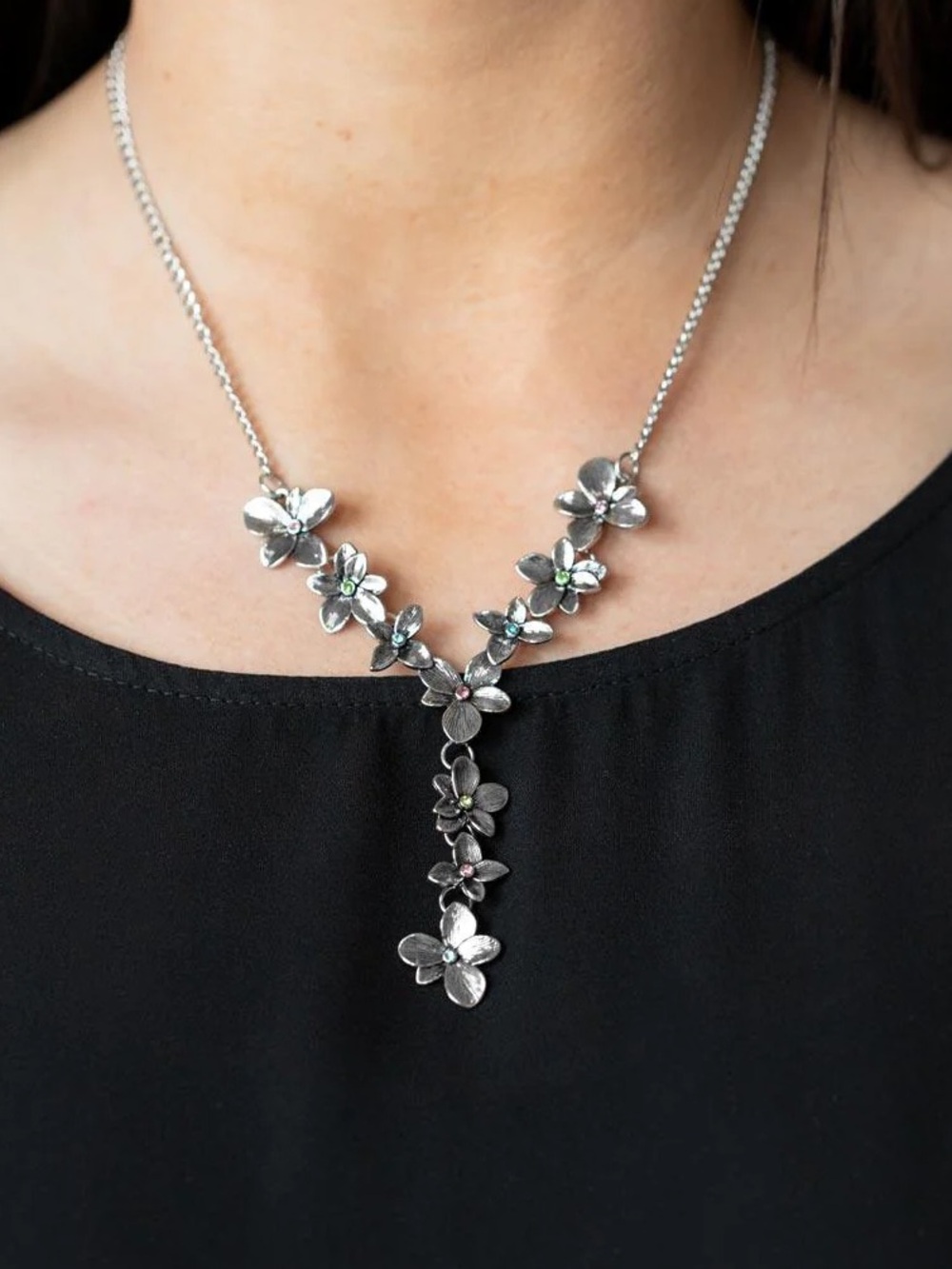Fairytale Meadow - Multi Color Rhinestone Floral Y-Chain Necklace & Earrings Set